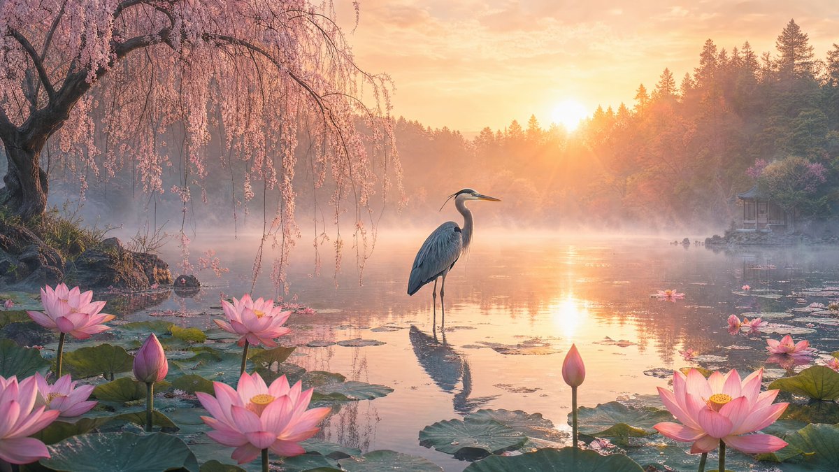 Misty Lotus Pond Heron Sunrise AI image template preview