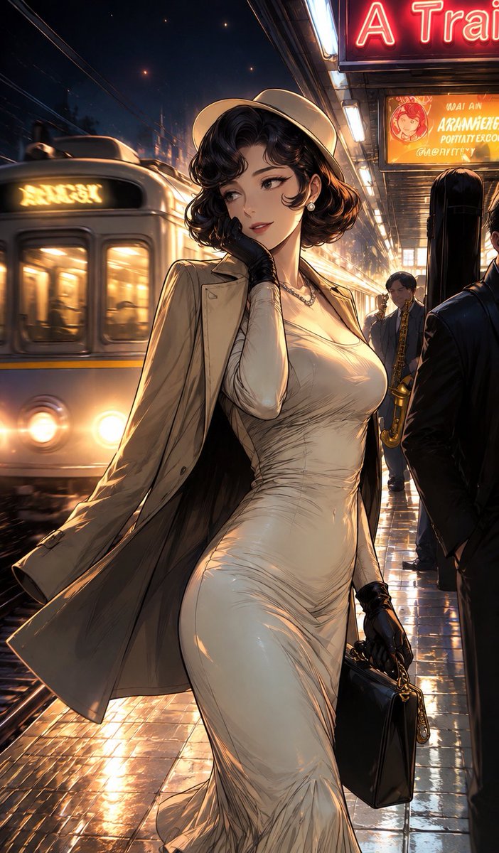 Elegant Woman on Night Train Platform example 2