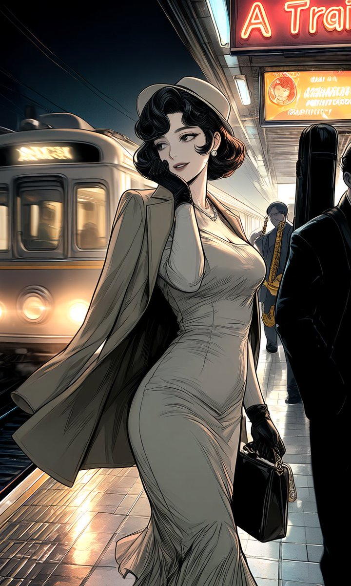 Elegant Woman on Night Train Platform AI image template preview