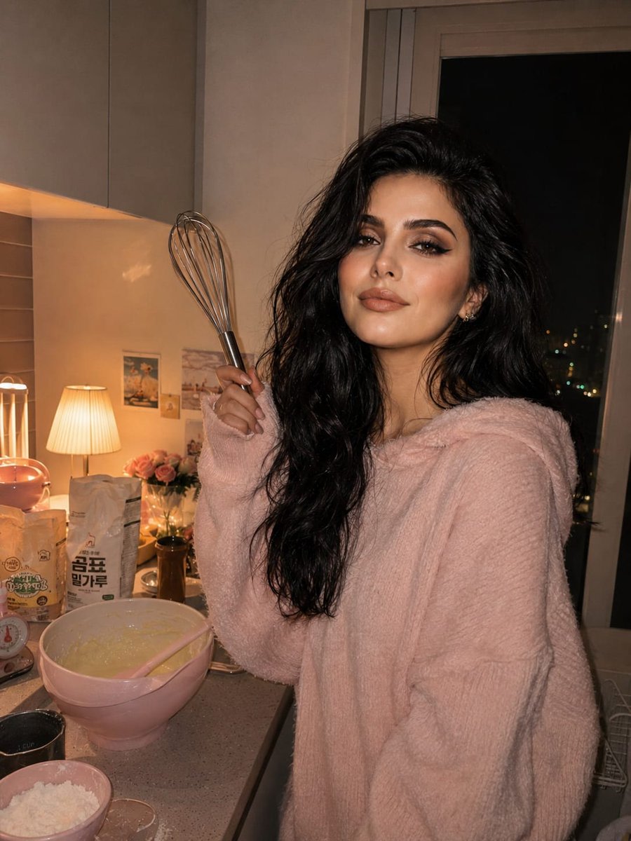 Cozy Kitchen Late Night Baking Portrait AI image template preview