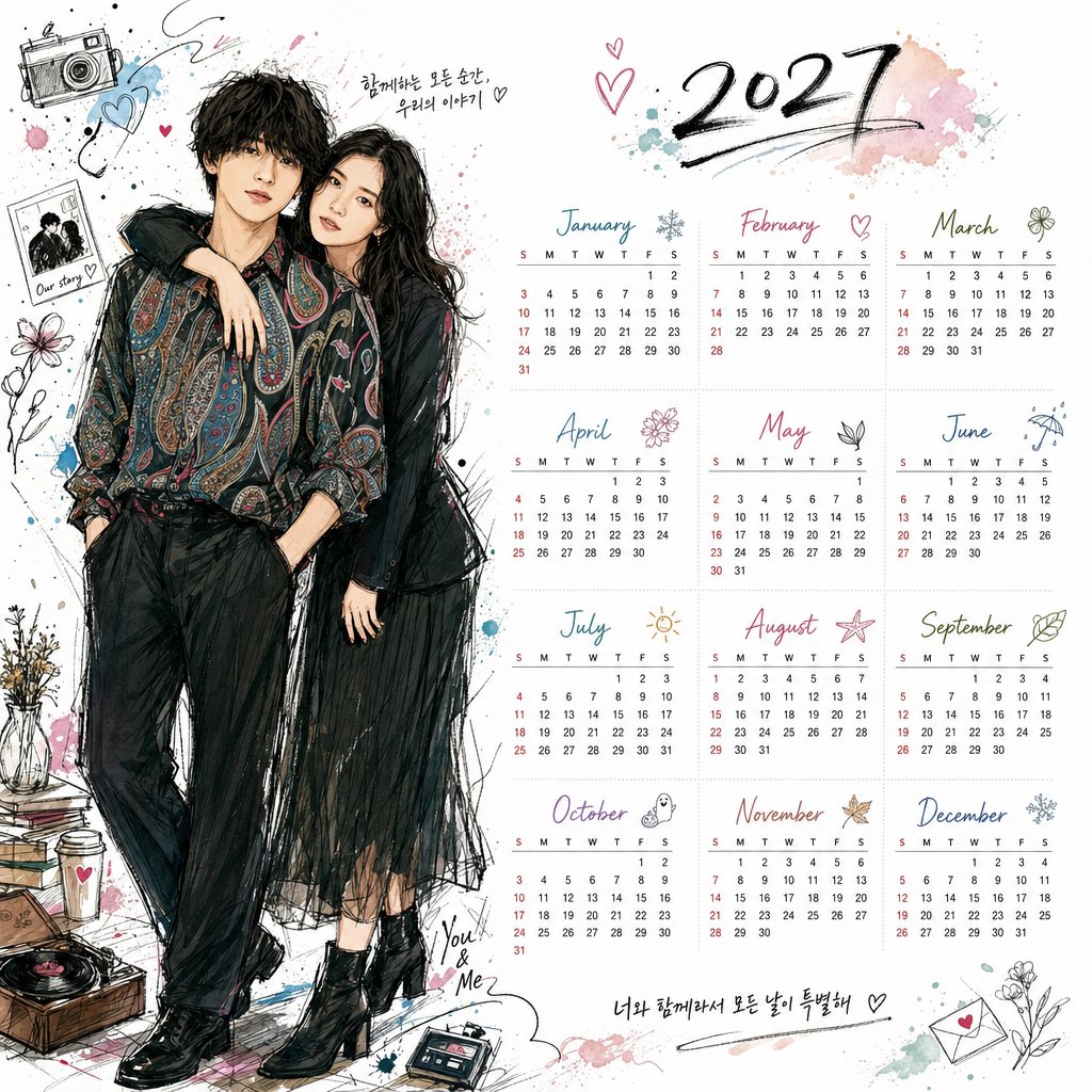 Korean Style Illustrated Desktop Calendar AI image template preview