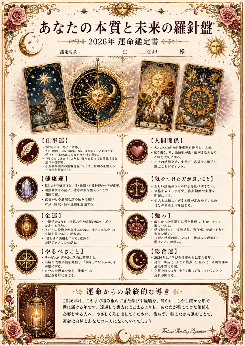 Ornate Japanese Tarot Fortune Certificate AI image template preview