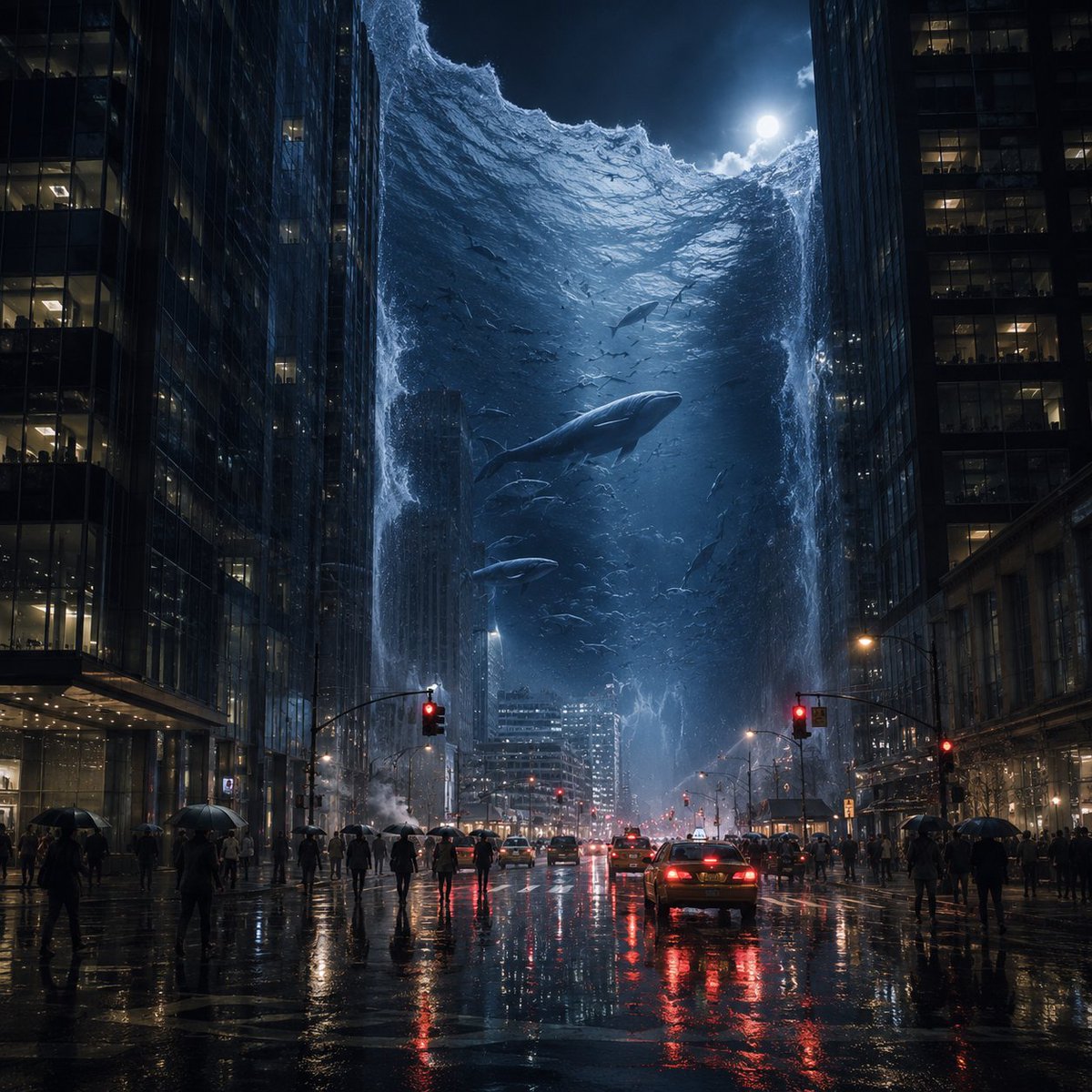 Surreal Ocean Wall in Rainy City AI image template preview