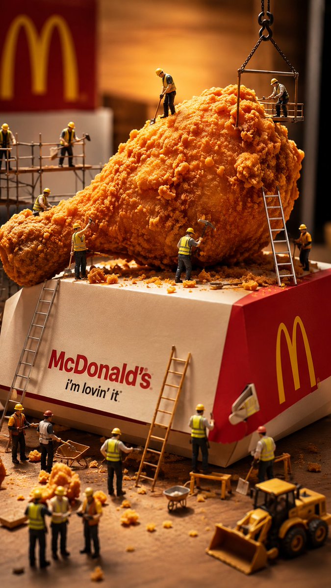 Miniature Workers Sculpt Giant McDonald's Drumstick AI image template preview
