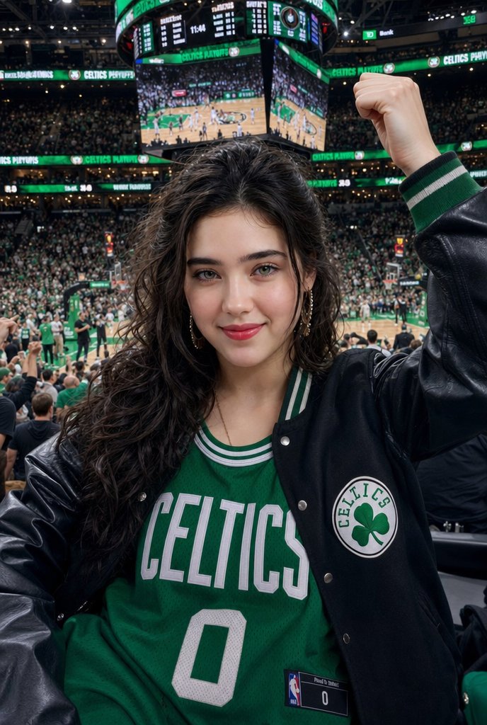 Celtics Fan Cheering in NBA Arena AI image template preview