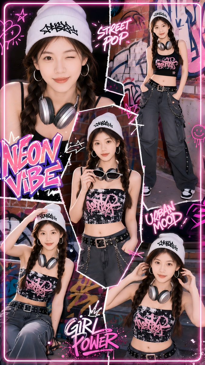 Neon Street Pop Fashion Collage AI image template preview