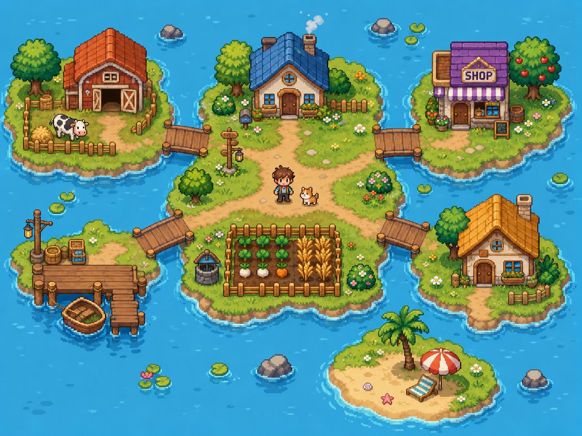 Cozy Pixel Farm Island Village AI image template preview