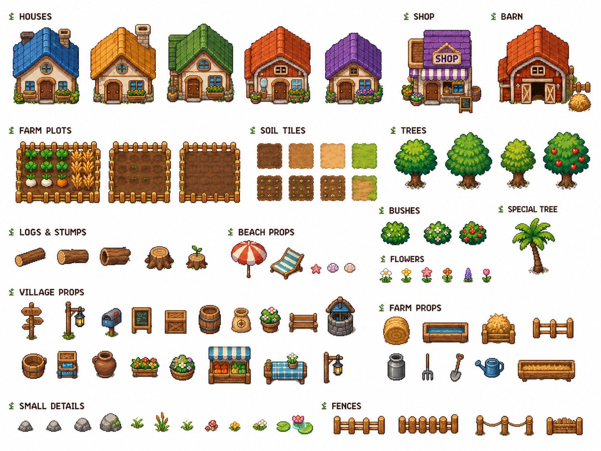 Cozy Farming Village Pixel Asset Sheet AI image template preview