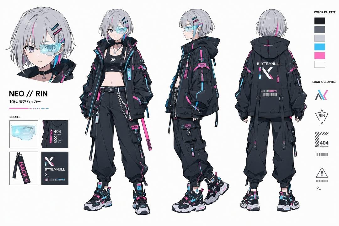 Cyberpunk Hacker Girl Character Design Sheet AI image template preview