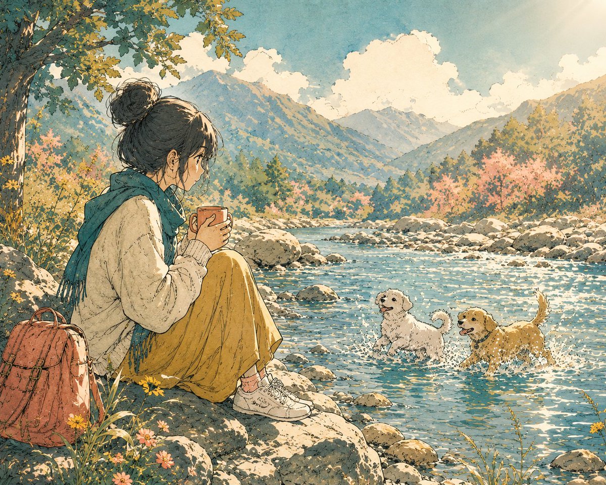 Anime Girl by River with Coffee example 2