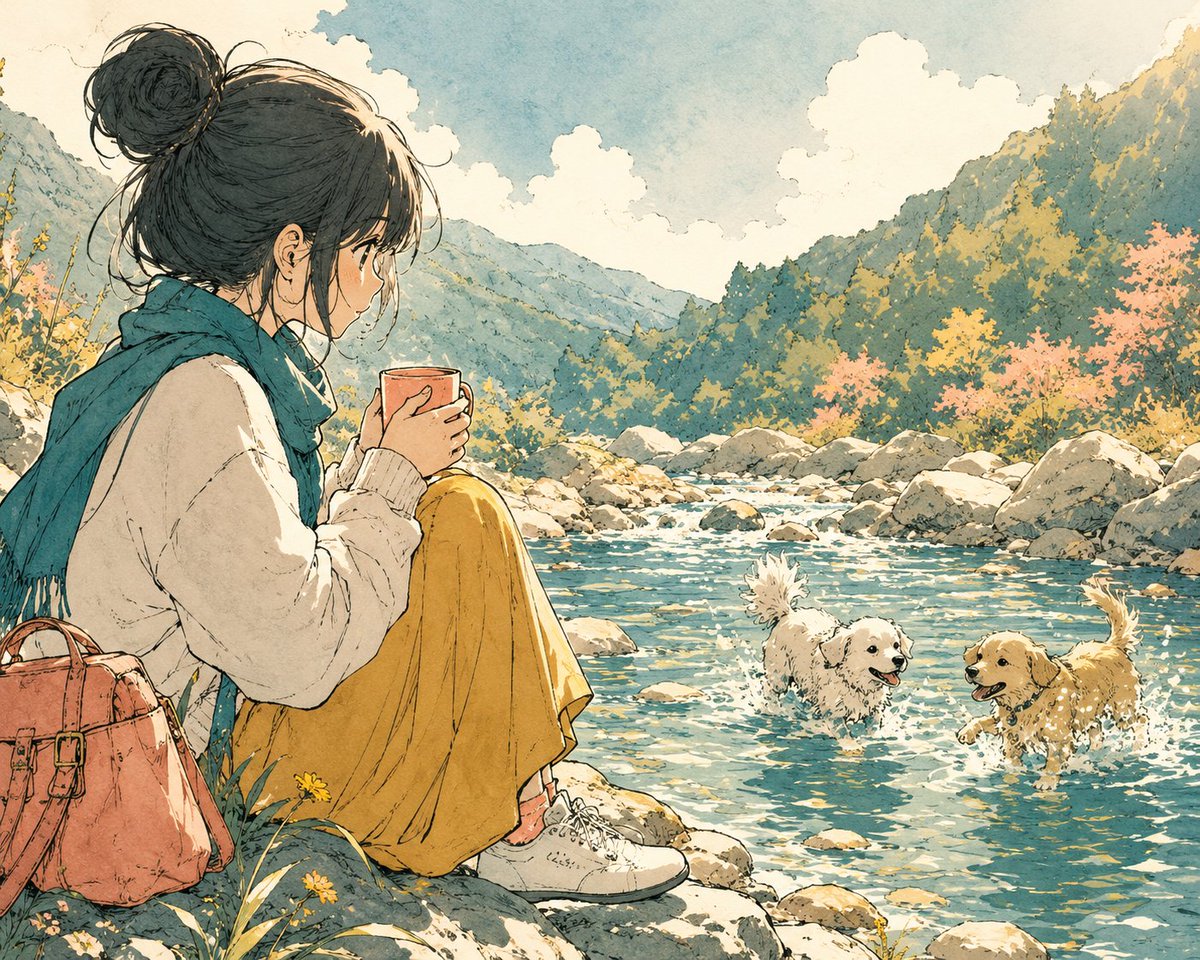 Anime Girl by River with Coffee AI image template preview