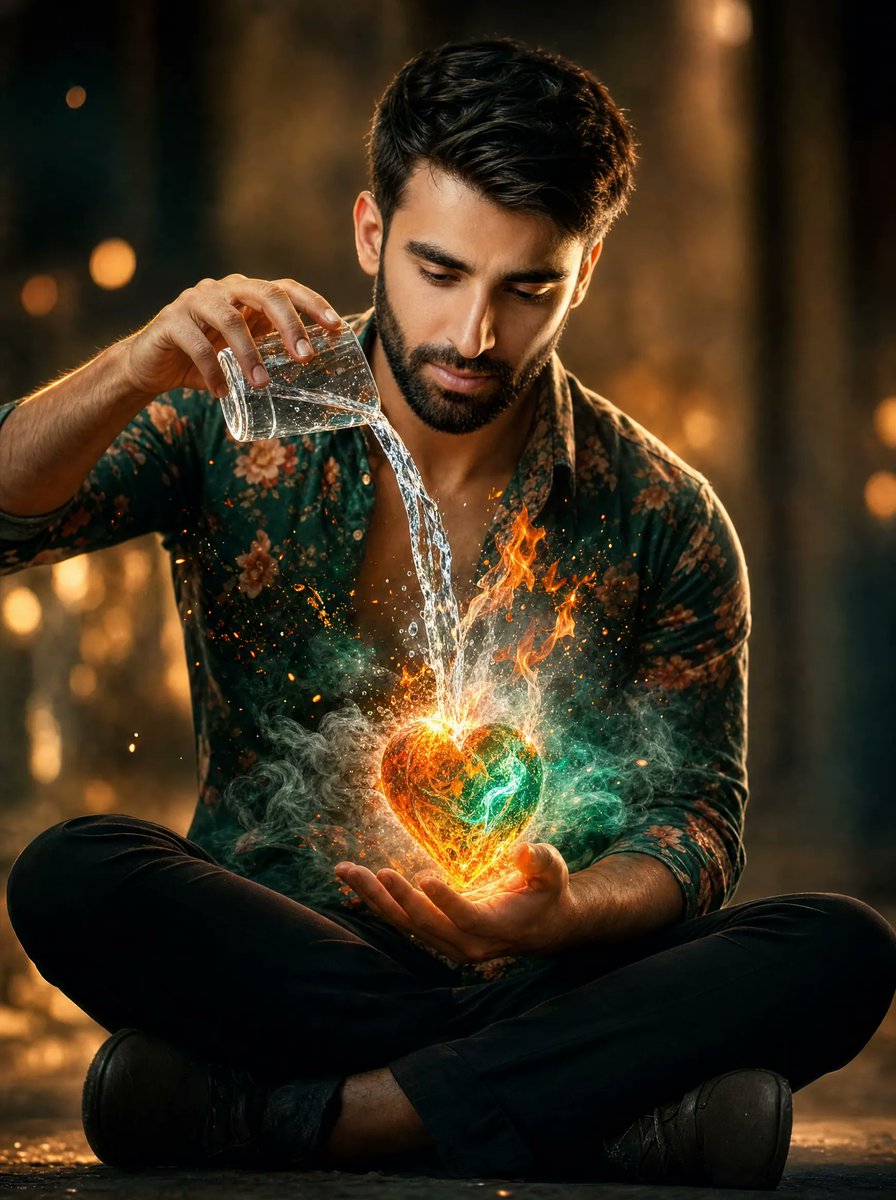 Man Pouring Water on Magic Heart AI image template preview