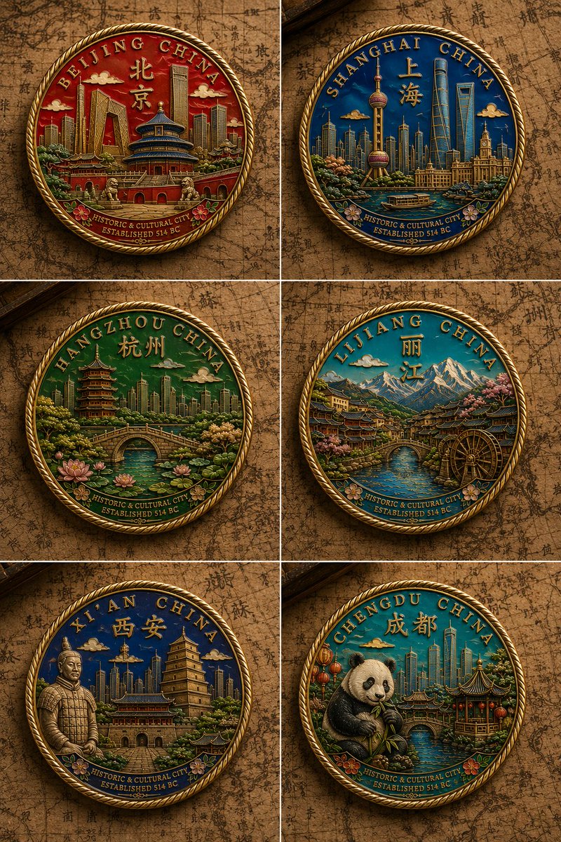 Six Chinese City Enamel Medals AI image template preview