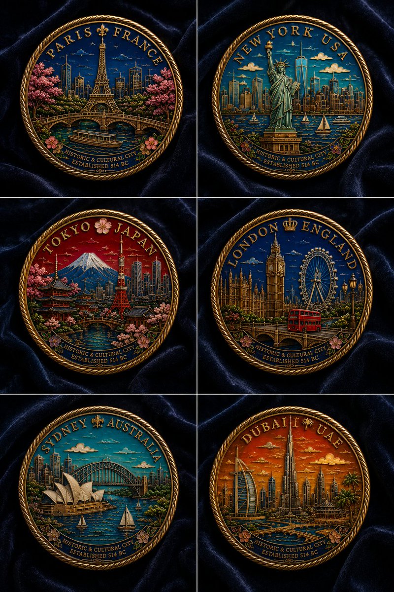 Six Cloisonné City Medals AI image template preview