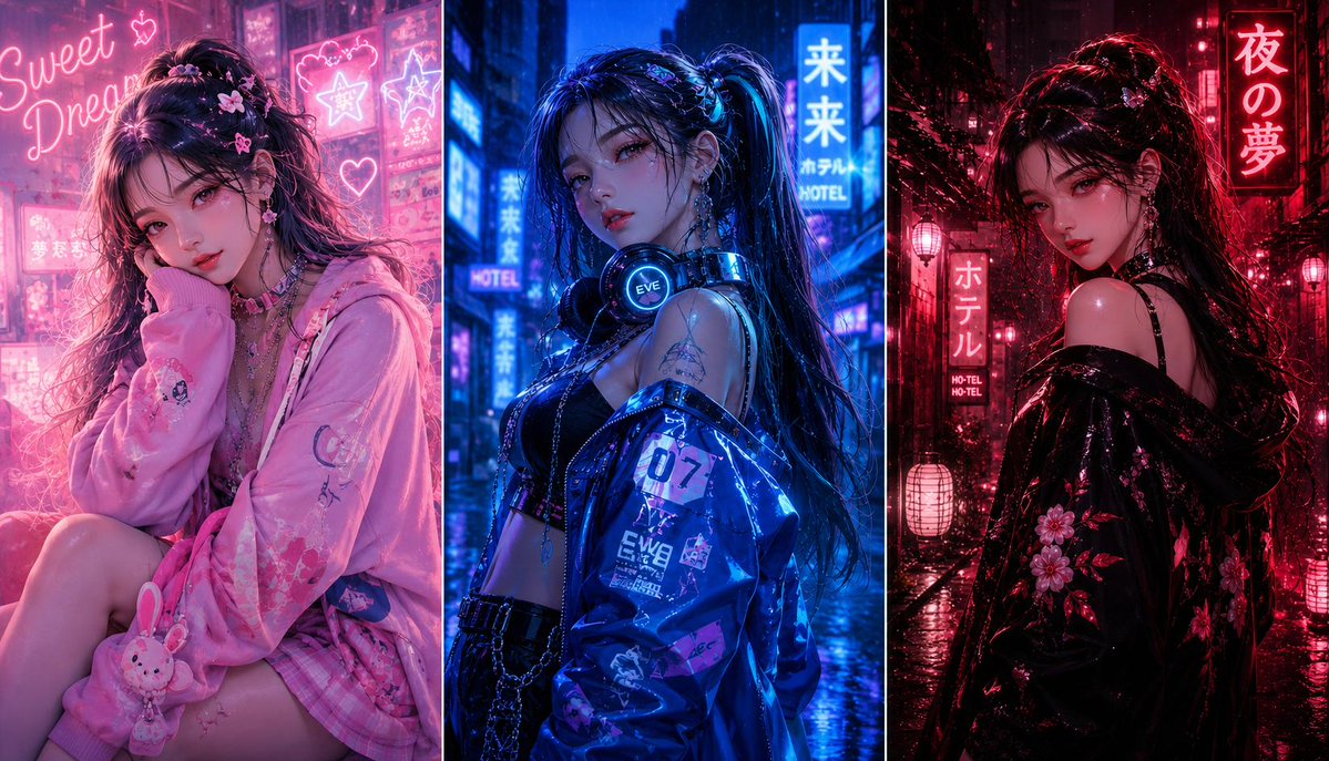 Three-panel anime fashion collage AI image template preview