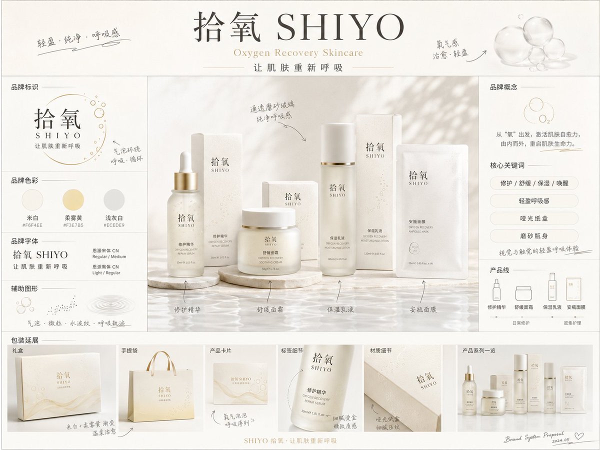 《品牌概念提案板》提示词:
请生成一张【画幅比例】的高完成度「品牌全案概念提案板 / Brand AI image template preview