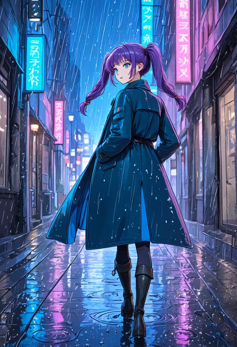 Rainy Neon Anime Alley Woman example 3