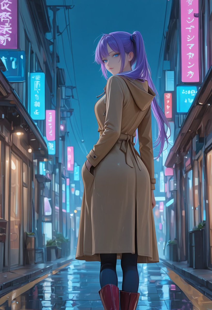 Rainy Neon Anime Alley Woman example 2