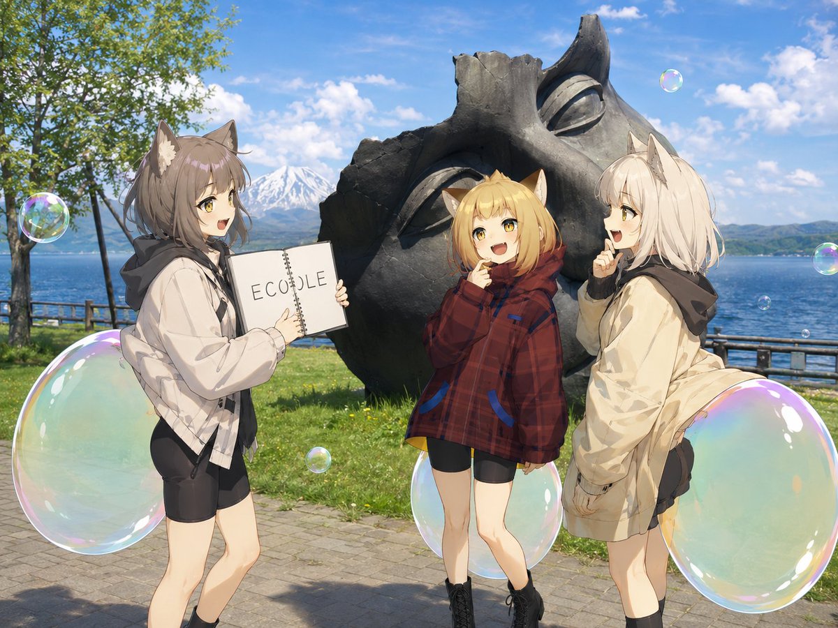 Anime Catgirls at Lakeside Statue AI image template preview