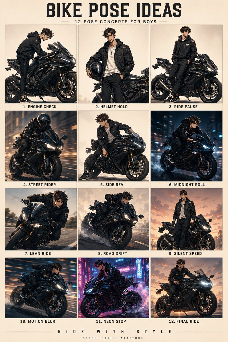 Anime Character Motorbike Pose Sheet AI image template preview