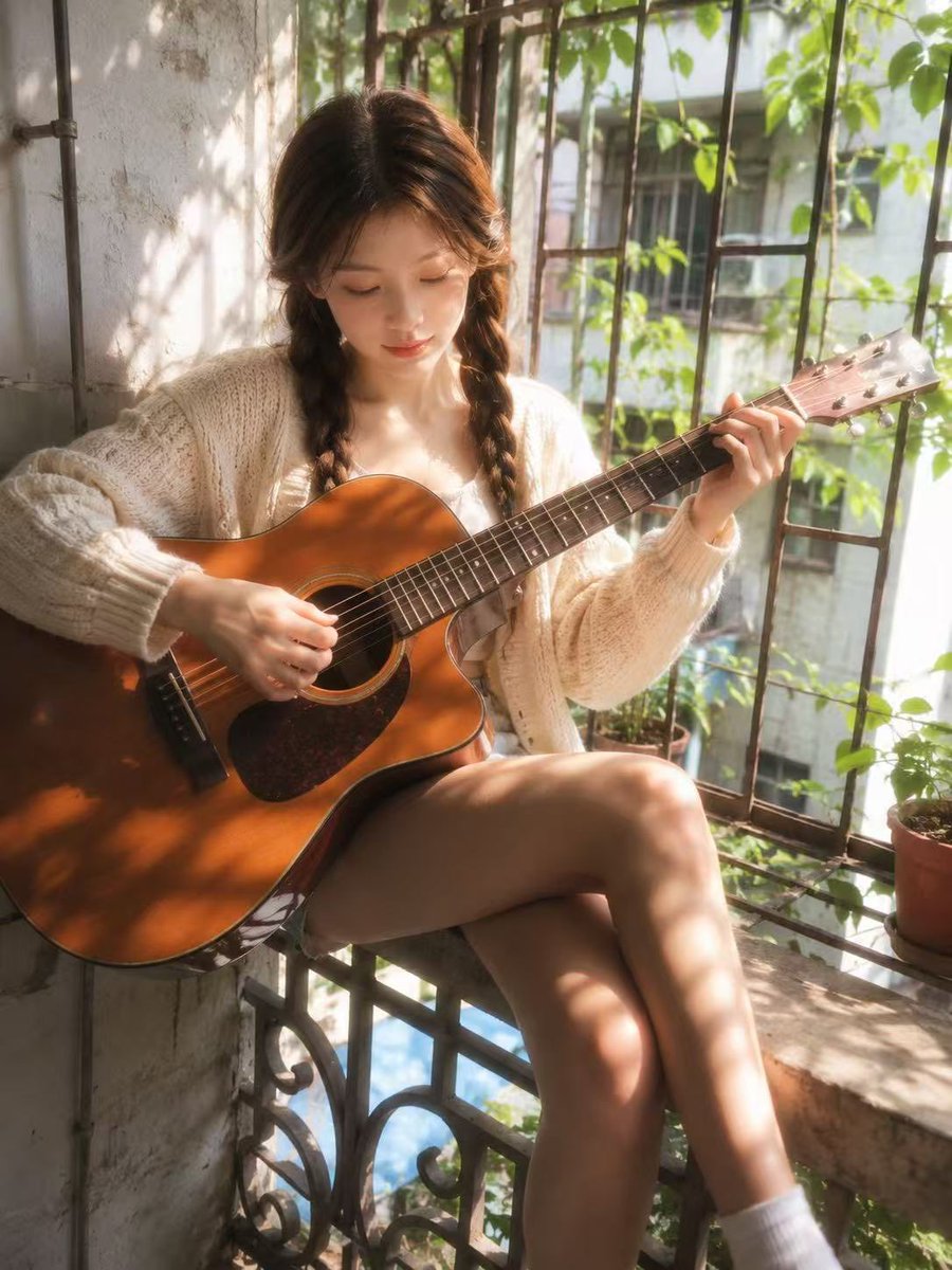 Dreamy Balcony Guitar Portrait AI image template preview