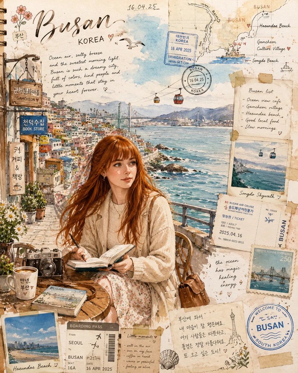 Busan Travel Journal Illustration AI image template preview