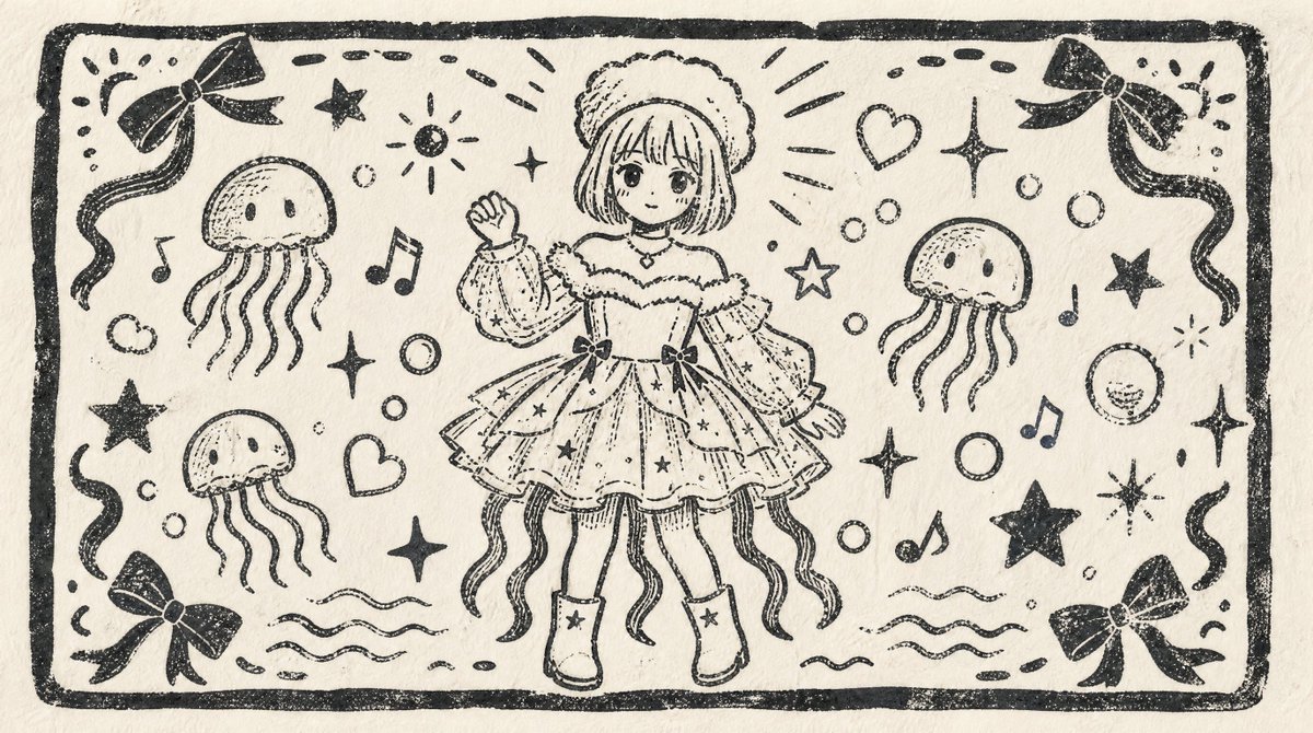 Monochrome Woodblock Character Postcard AI image template preview
