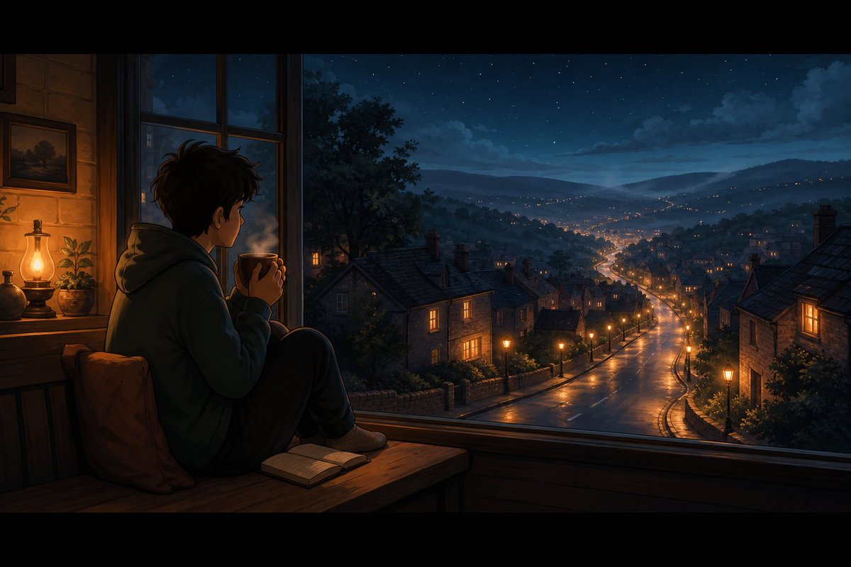 Anime Boy at Night Window example 3