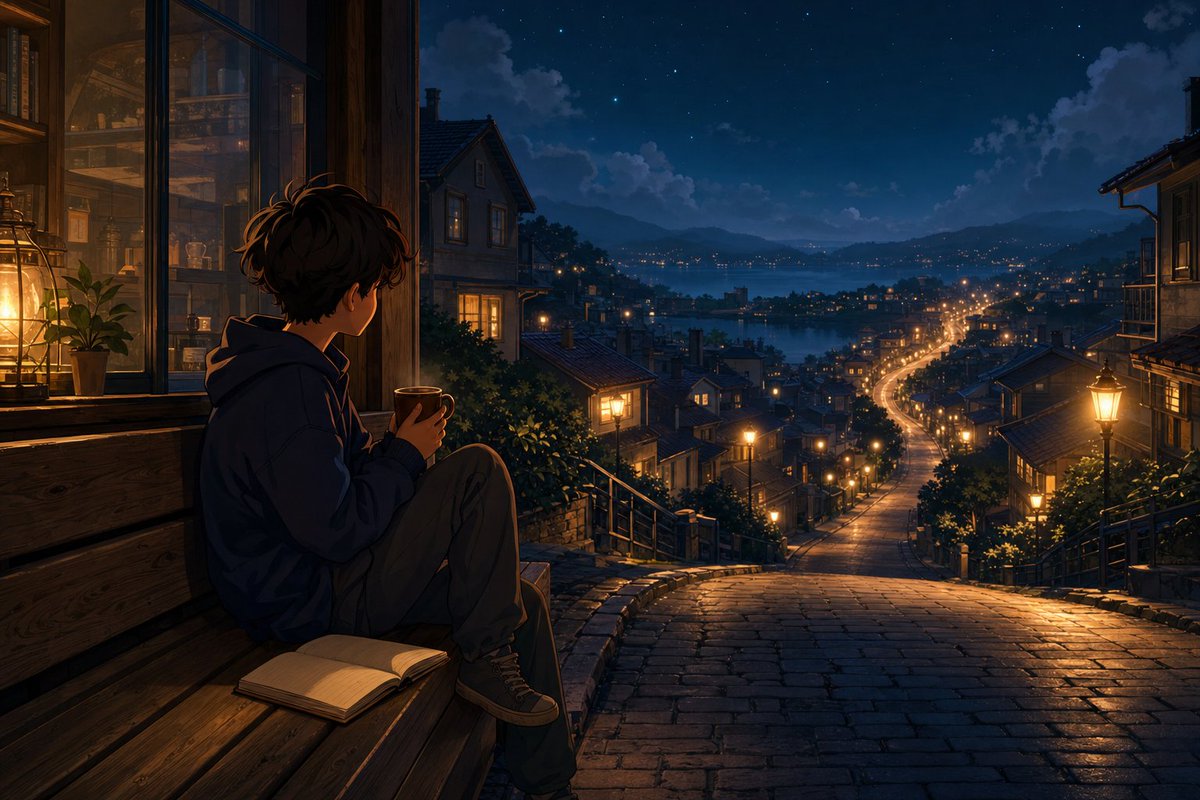 Anime Boy at Night Window example 2