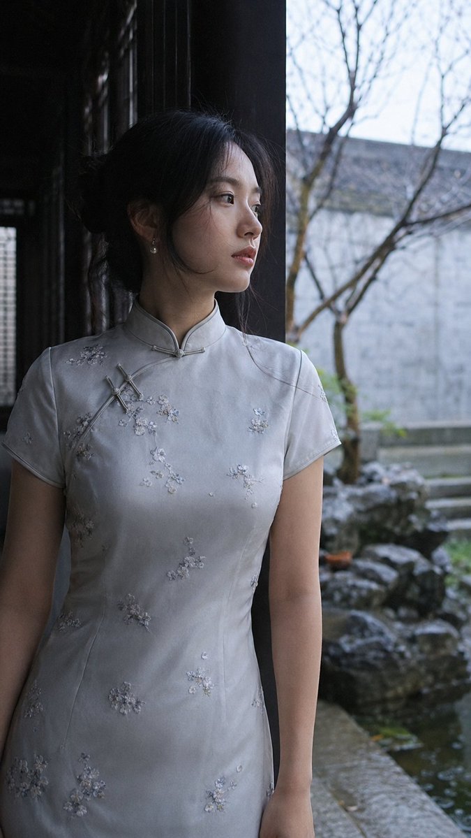 East Asian Woman in Silk Qipao Corridor Portrait AI image template preview