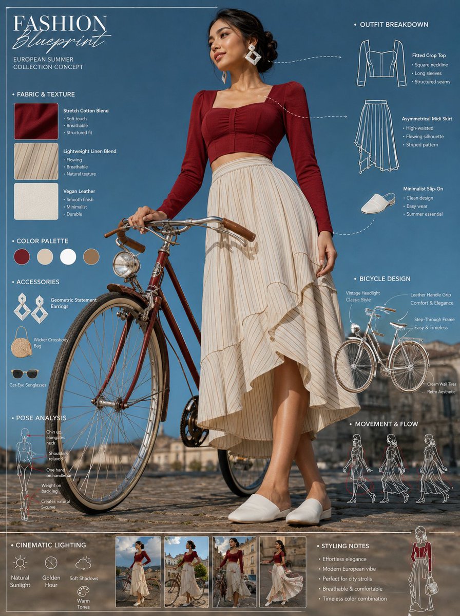 Vintage Bicycle Fashion Blueprint Sheet AI image template preview