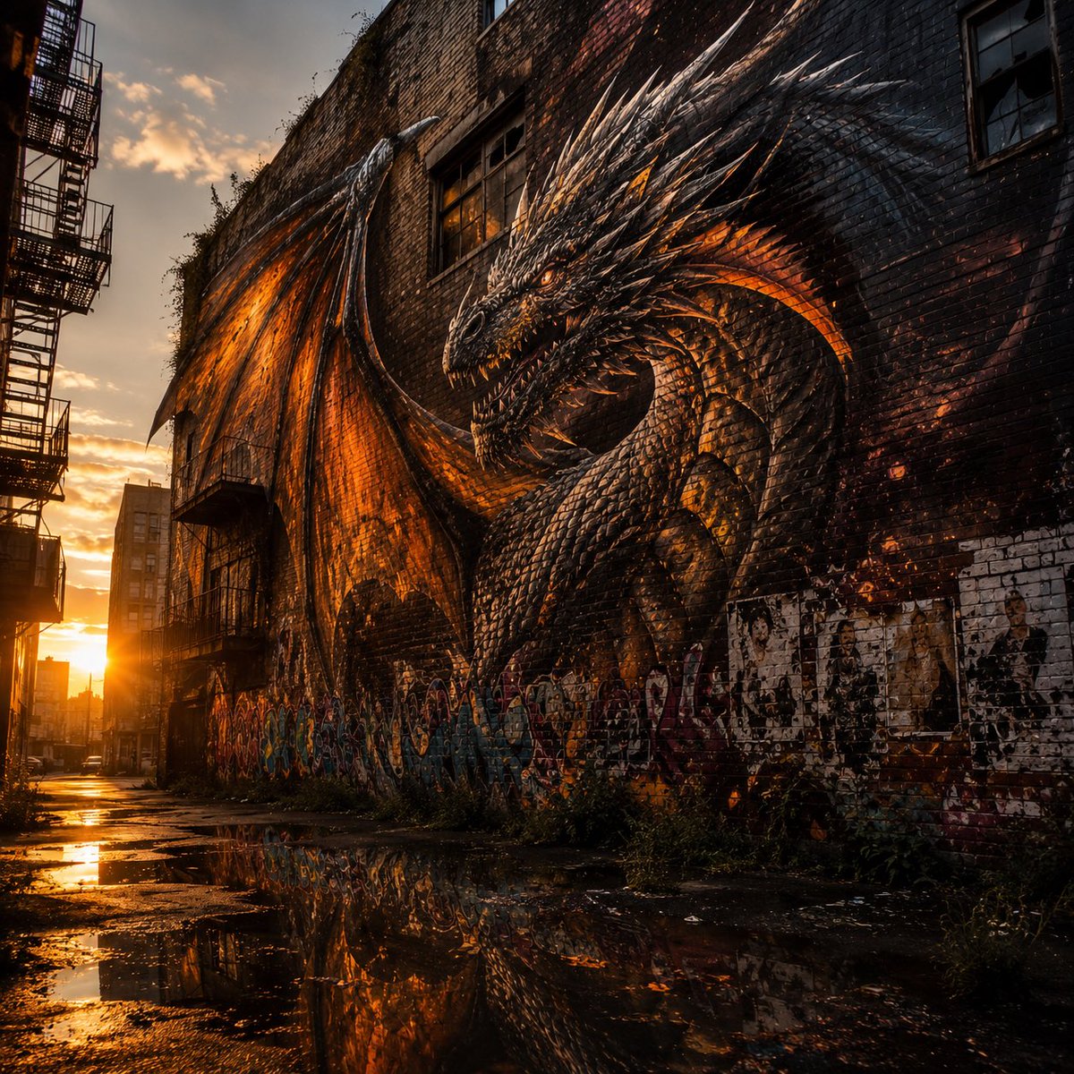 Living Dragon Mural in Sunset Alley AI image template preview