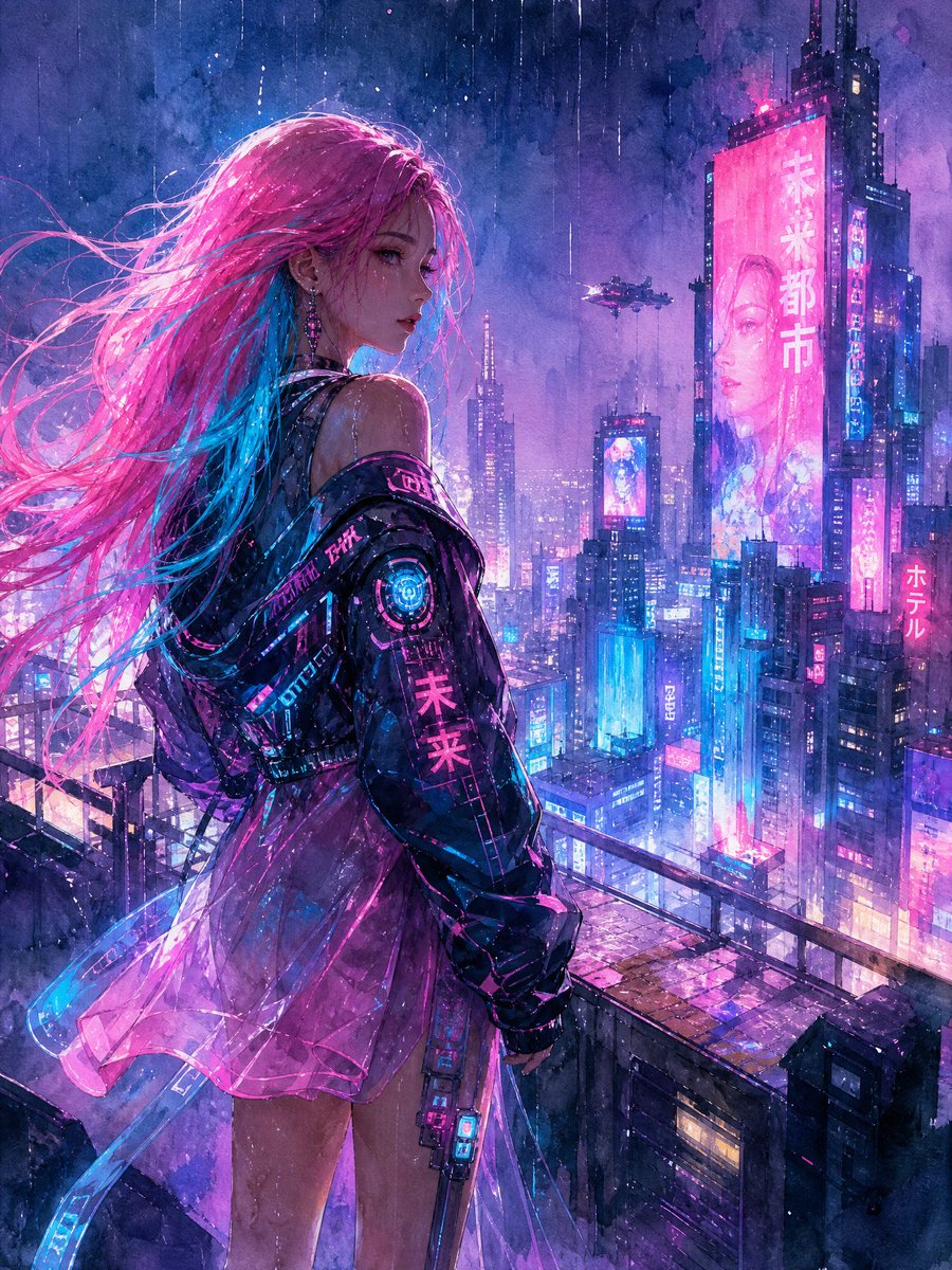 Watercolor Cyberpunk Rooftop Girl AI image template preview