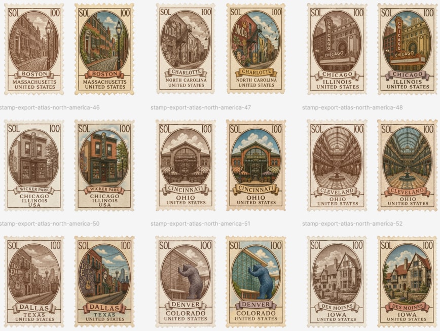 Vintage North America Stamp Grid AI image template preview