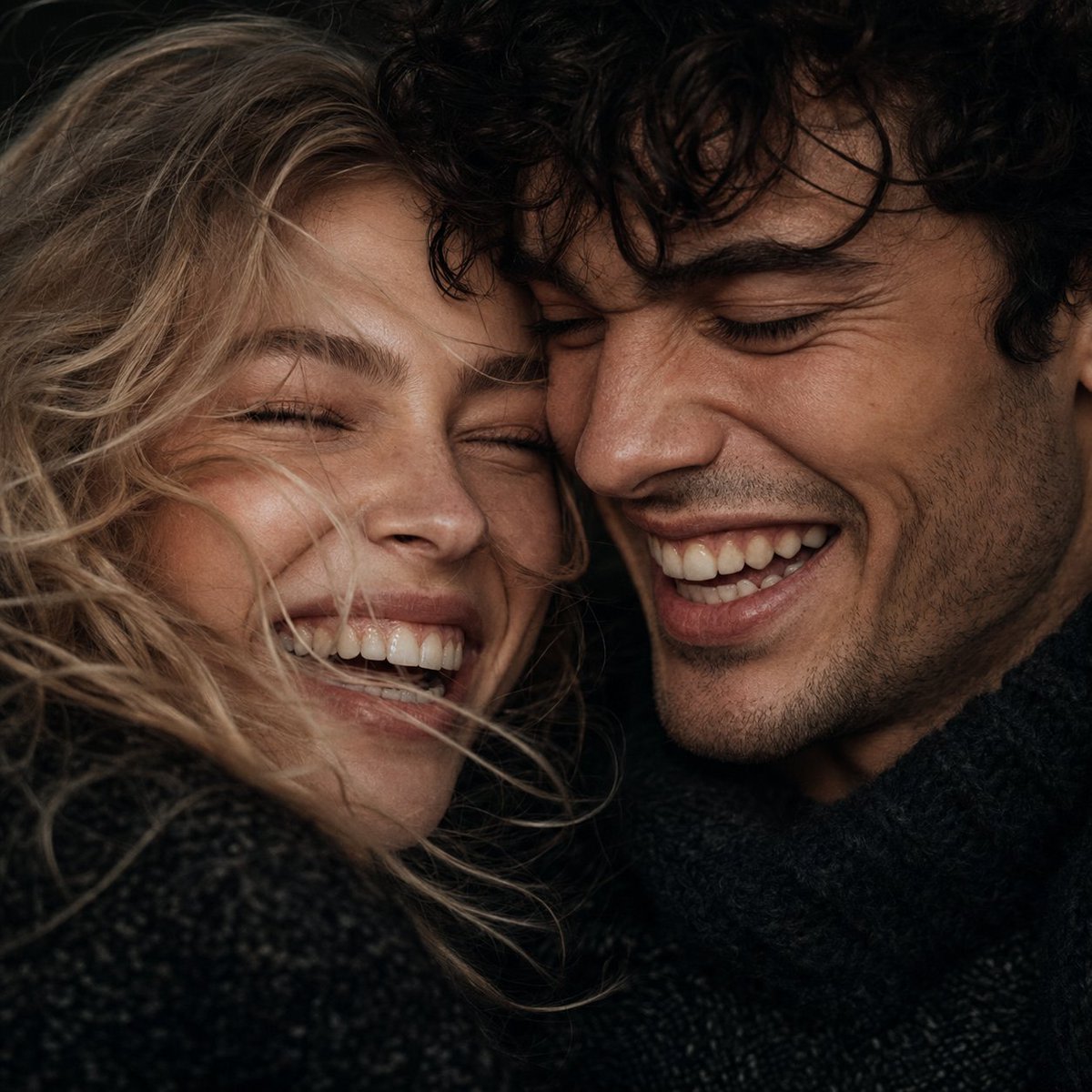 Extreme Close-Up Laughing Couple Portrait AI image template preview
