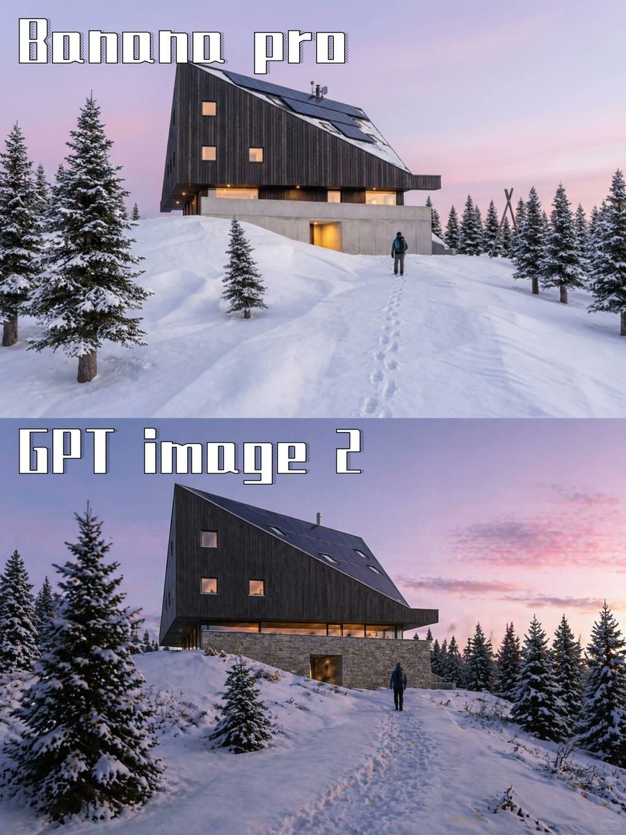Two-Panel Snow Cabin Model Comparison AI image template preview