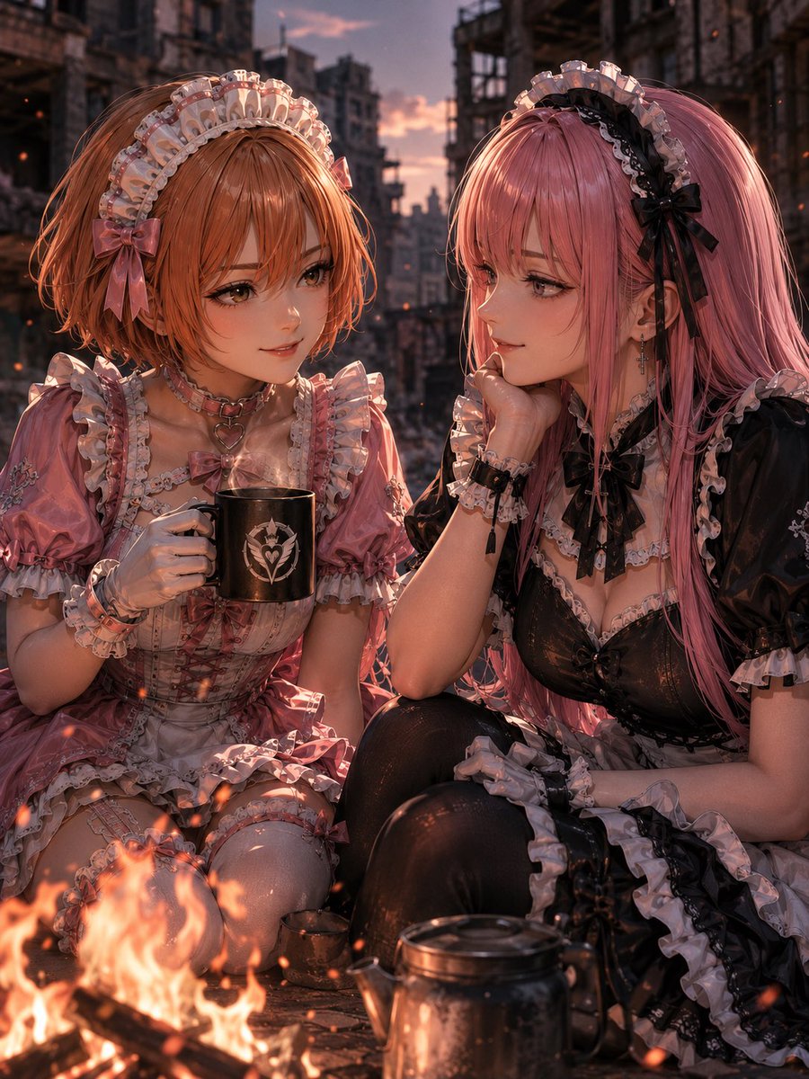 Sunset Maids by a Campfire AI image template preview