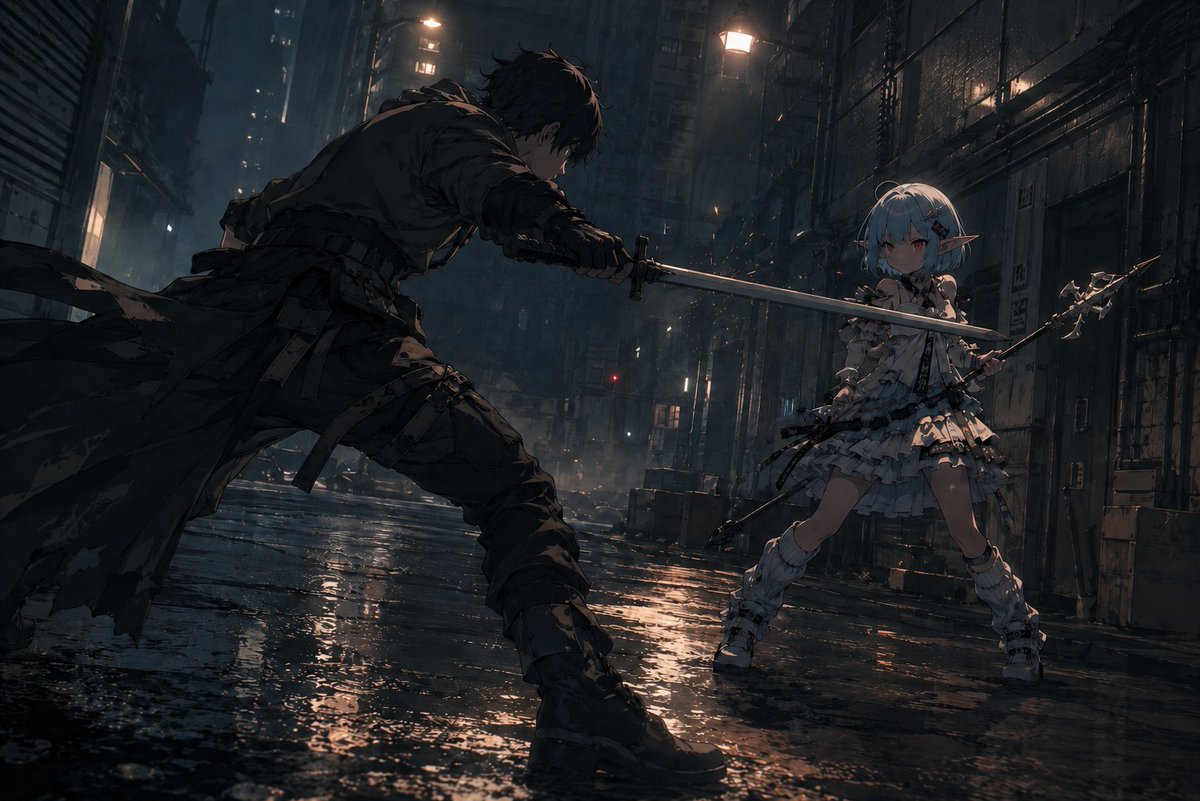 Rainy Cyberpunk Alley Sword Duel AI image template preview