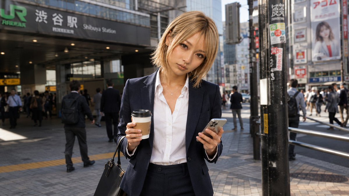 Businesswoman at Shibuya Station AI image template preview