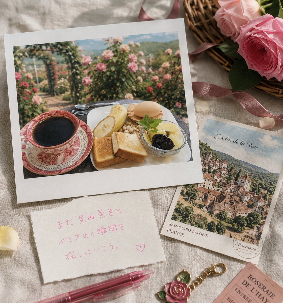Rose Garden Travel Postcard Flat Lay AI image template preview