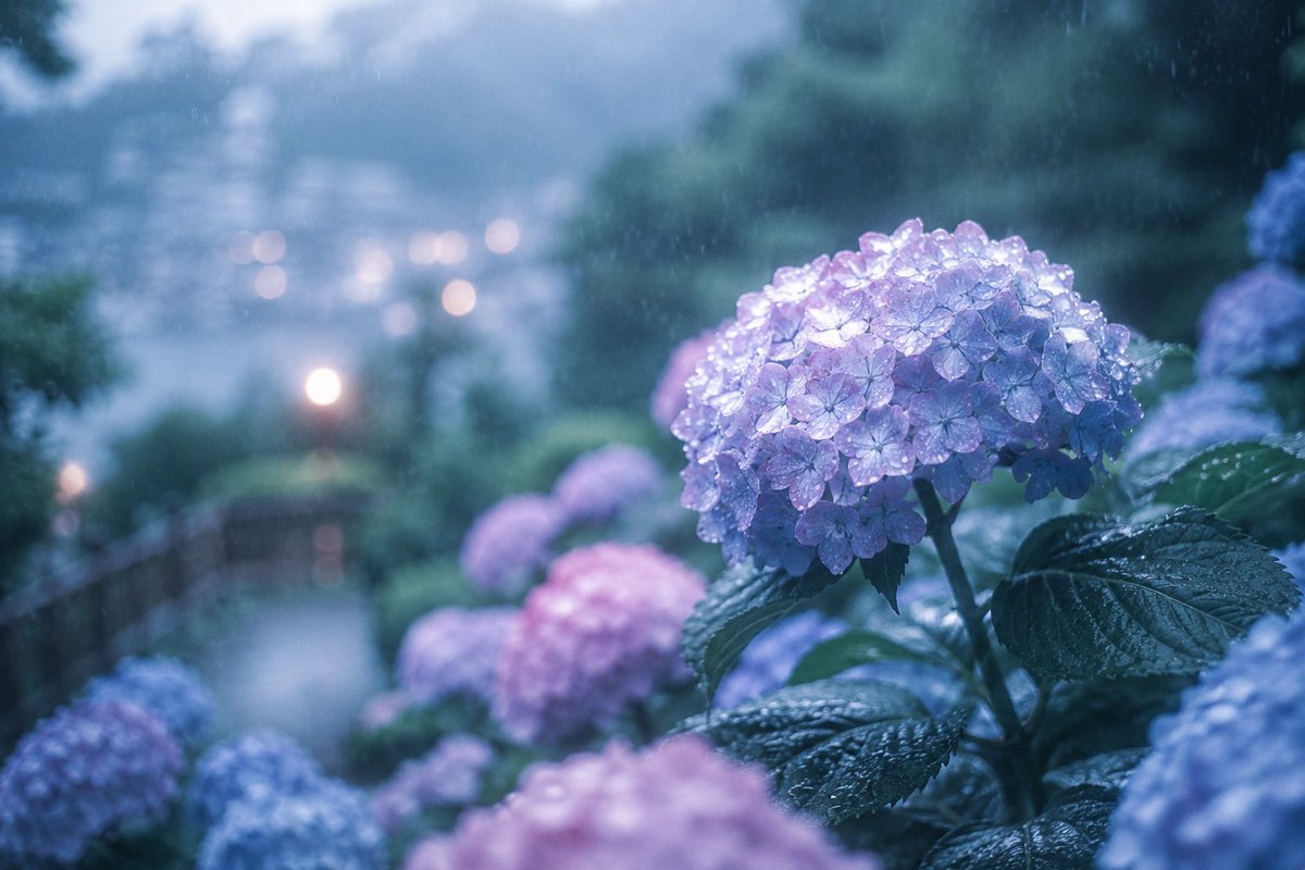 Rainy Kamakura Hydrangea Garden AI image template preview