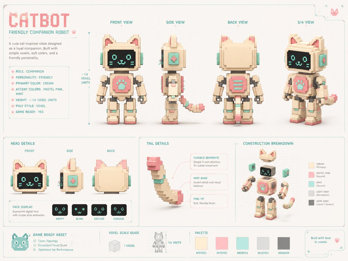 Voxel Cat Robot Concept Sheet AI image template preview