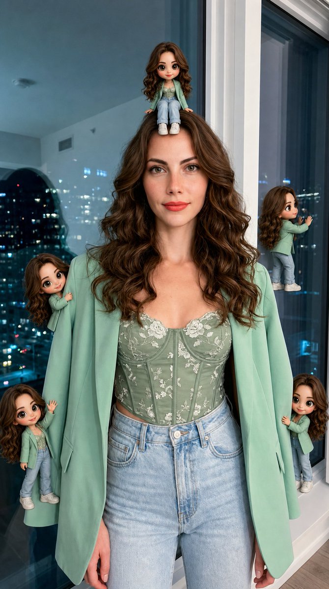 Hyper-Realistic Subject with Mini Chibi Clones AI image template preview