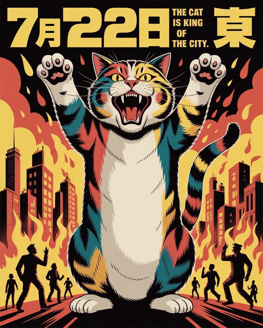 Retro Kaiju Cat City Poster AI image template preview