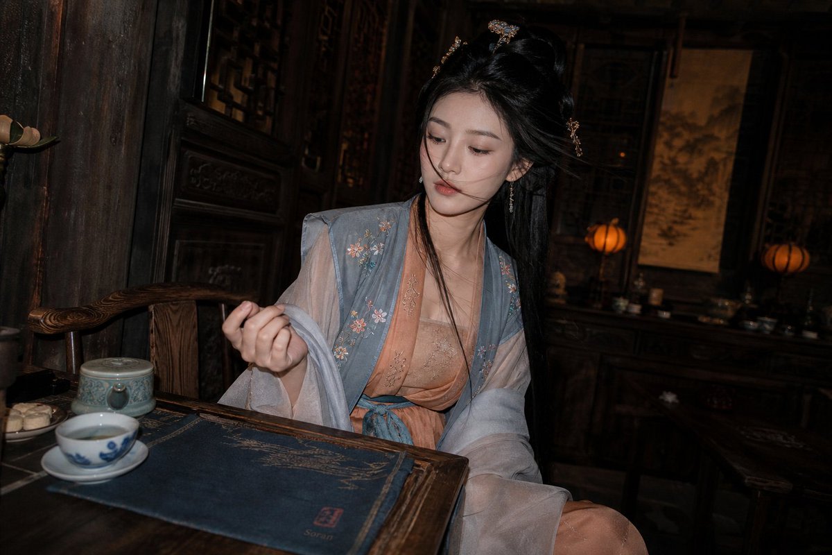 Cinematic Hanfu Tea Room Portrait AI image template preview