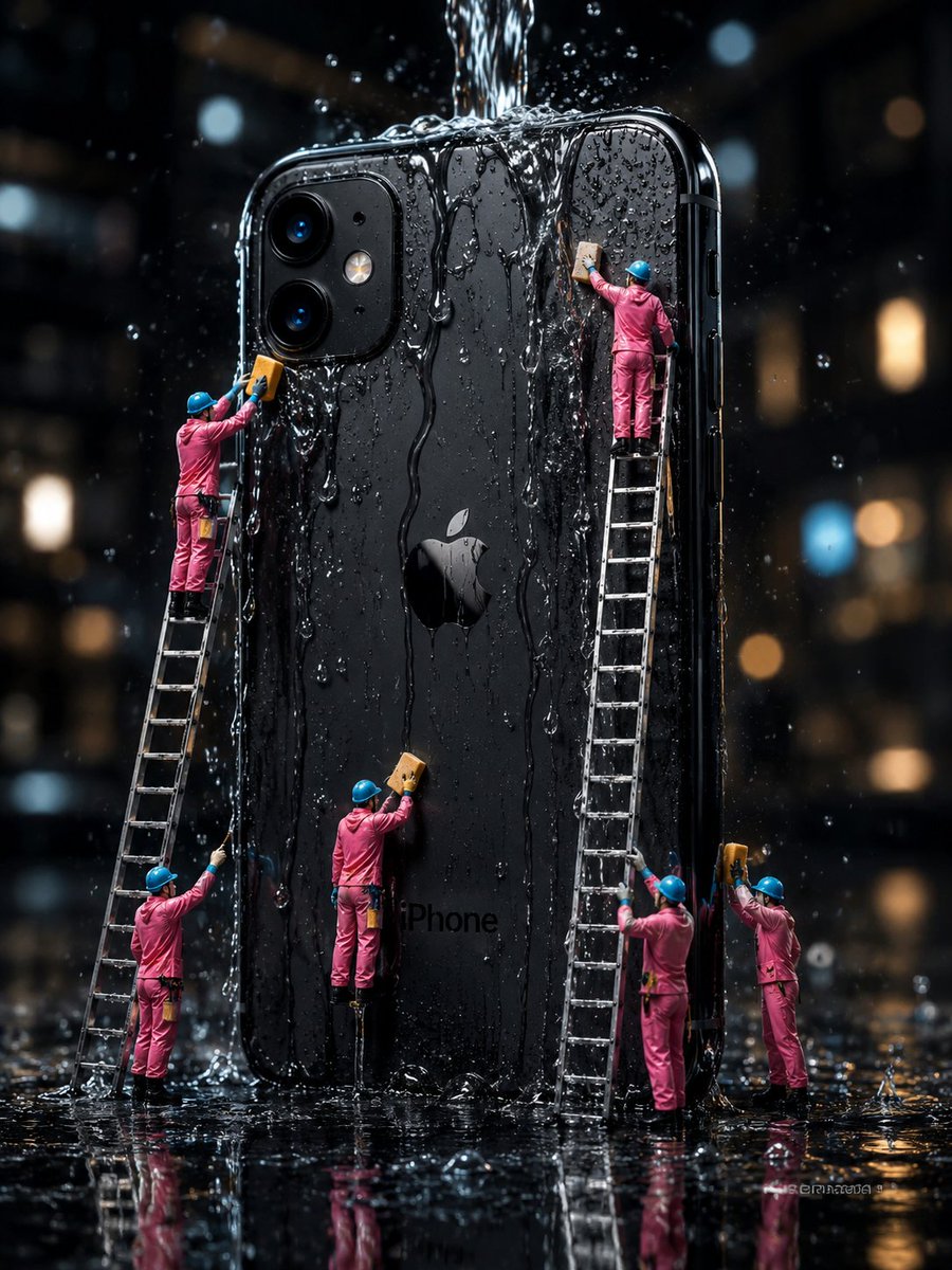 Mini Workers Washing Giant iPhone AI image template preview