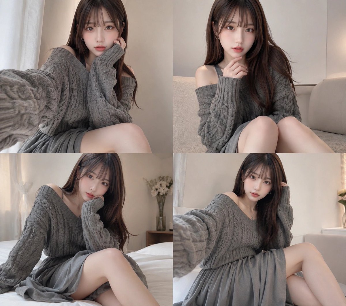 Four-Panel Cozy Gray Sweater Selfie Collage AI image template preview
