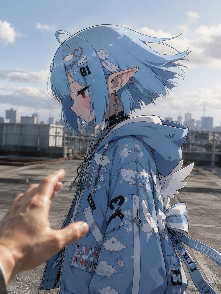 Anime Character in Real Rooftop Scene AI image template preview