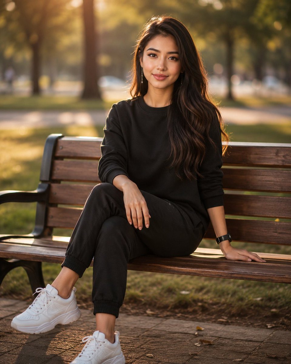 Golden Hour Park Bench Portrait AI image template preview