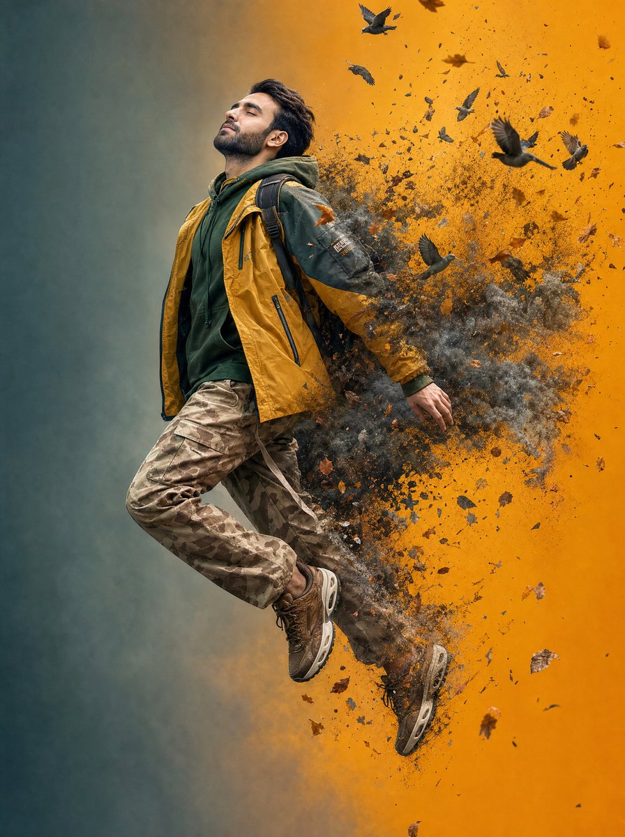 Surreal Floating Man Dissolving Into Ash AI image template preview